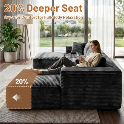 110" Modular Sectional Boneless Sofa with 2 Ottomans, U Shaped Cloud Couch for Living Room, Deep Seat Corduroy Floor Sofa, No Assembly Required, Compressed Couch, 5 Seat, Black
