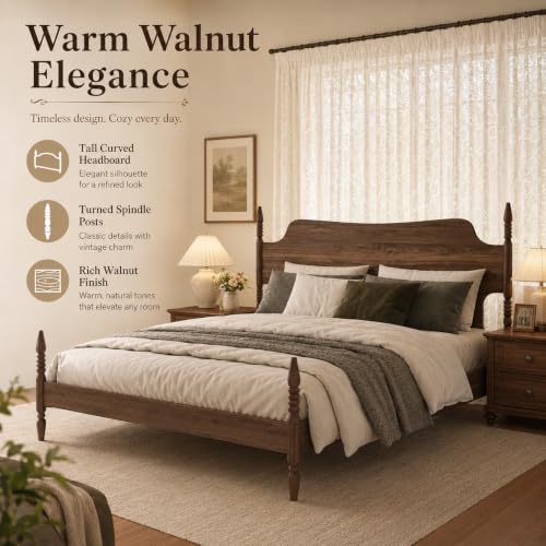 King Size Wood Platform Bed Frame with Tall Curved Headboard, view 5