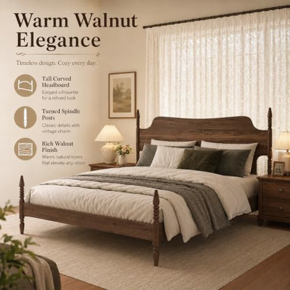 King Size Wood Platform Bed Frame with Tall Curved Headboard, view 5