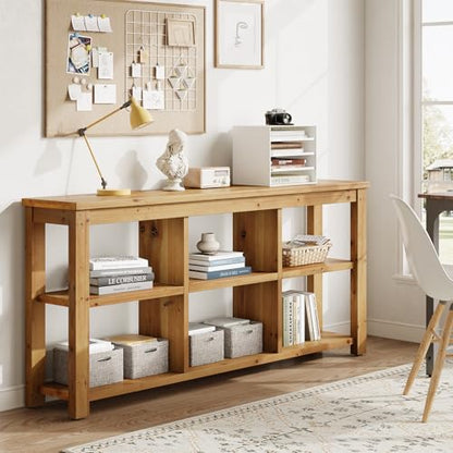 Solid Wood Horizontal Bookcase with Adjustable Shelves, 6 Cubes Storage Organizer Long Bookshelf, Farmhouse Low Cubby Bookcase for Living Room, Home Office, 63 Inches
