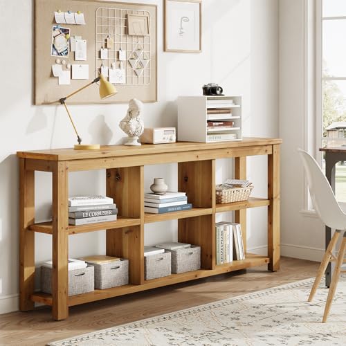 Solid Wood Horizontal Bookcase with Adjustable Shelves, 6 Cubes Storage Organizer Long Bookshelf, Farmhouse Low Cubby Bookcase for Living Room, Home Office, 63 Inches