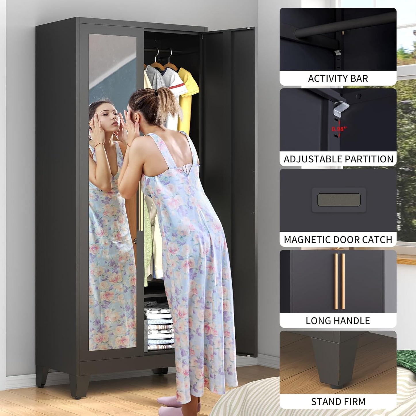 75" Tall Metal Armoire Wardrobe Closet with Mirror Doors, 2 Adjustable Hanging Rods & Adjustable Shelf, Freestanding Storage Cabinet Organizer for Bedroom, Office, Laundry Room, Black
