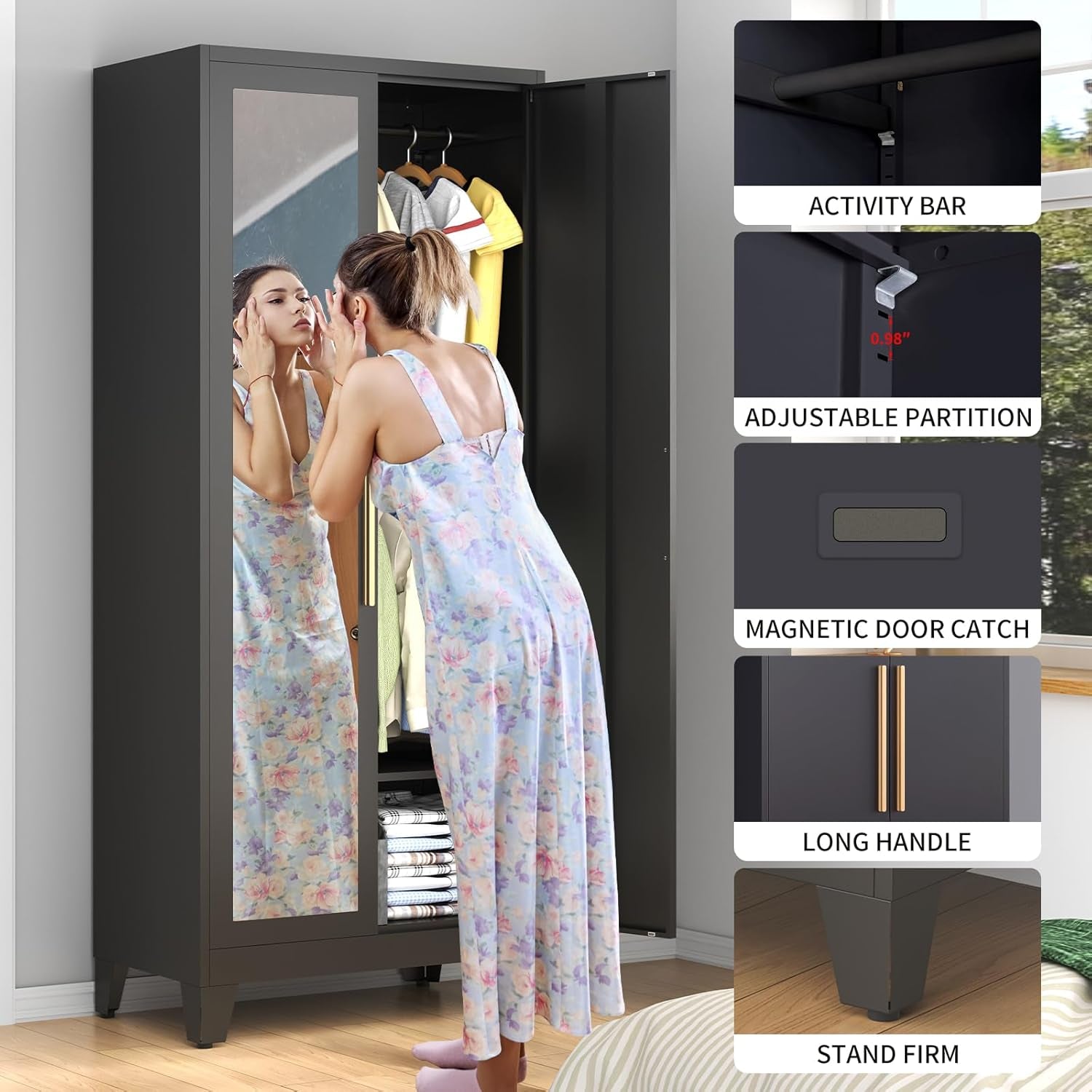 75" Tall Metal Armoire Wardrobe Closet with Mirror Doors, 2 Adjustable Hanging Rods & Adjustable Shelf, Freestanding Storage Cabinet Organizer for Bedroom, Office, Laundry Room, Black
