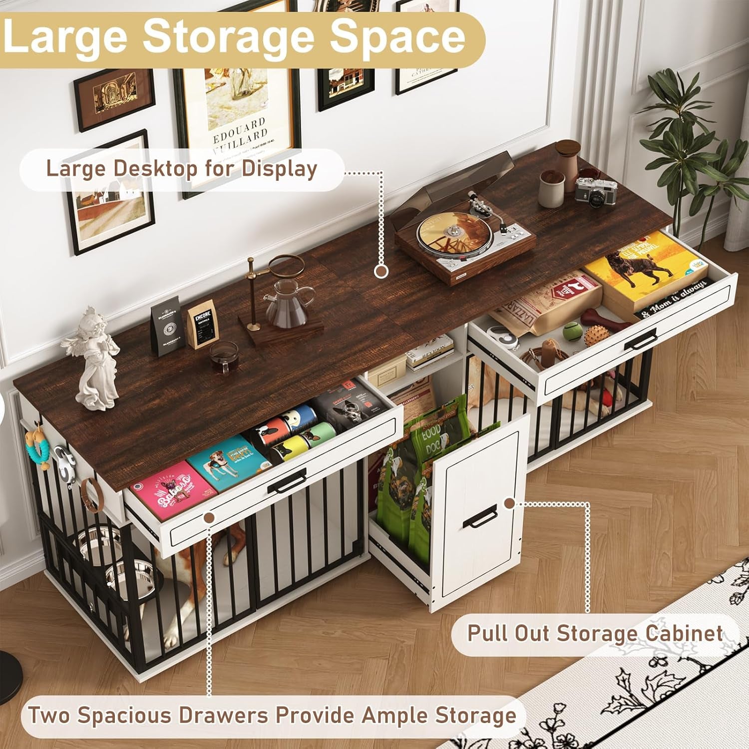 86.6" Dog Crate Furniture Large Breed TV Stand with Double Rooms, Wooden Dog Kennel Furniture with Dog Bowl, 2 Drawers and Cabinet for Large Medium Dogs, Antique White