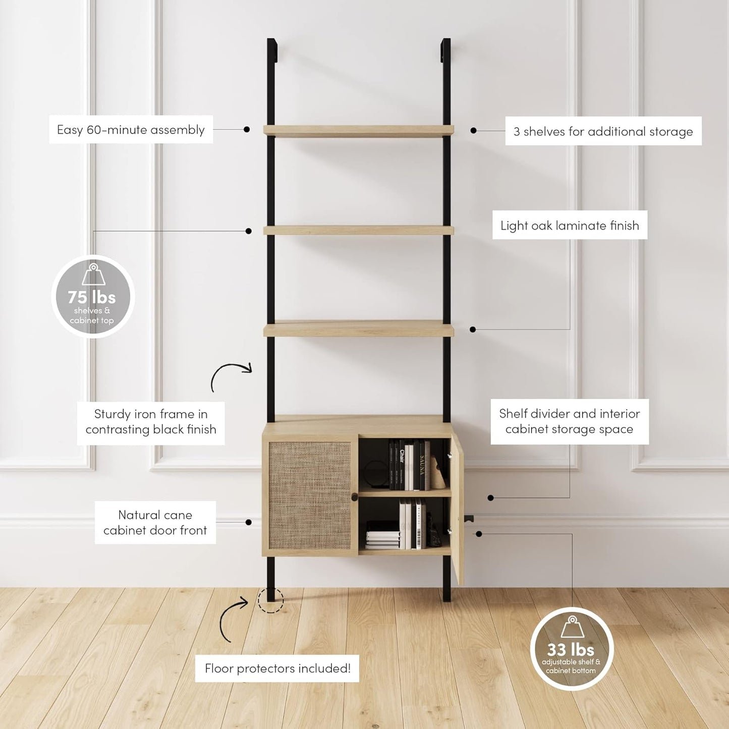 Theo Ladder 3 Tier Open Bookshelf with Rattan Drawers and Matte Steel Frame, Light Oak/Black