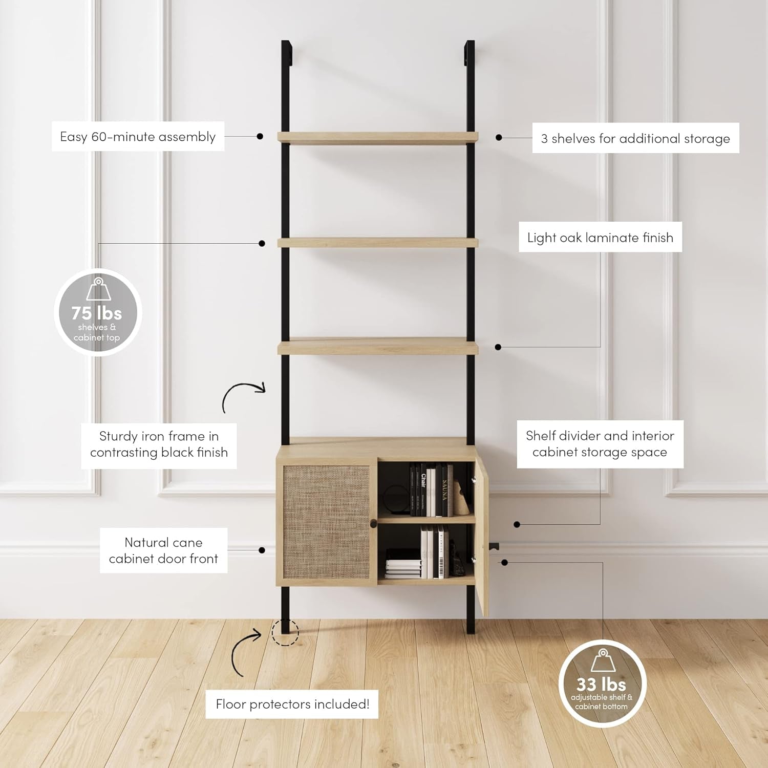 Theo Ladder 3 Tier Open Bookshelf with Rattan Drawers and Matte Steel Frame, Light Oak/Black