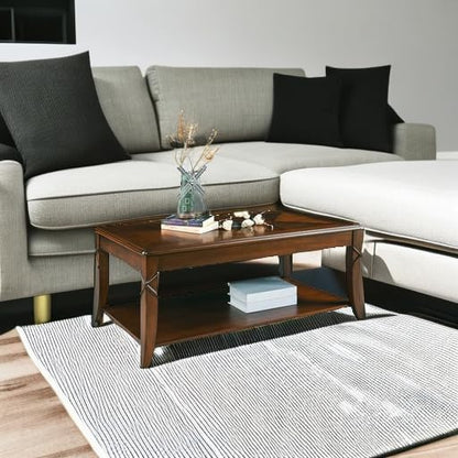 2-Tier Solid Wood Coffee Table with Shelf, 43.3 * 23.6 * 17.7in | Vintage Rectangle Cocktail Table with Dual Hourglass Top, Apartment Center Sofa Table with Curved Legs for Living Room