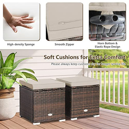 2 Pieces Patio Ottomans, Patiojoy Hand-Woven PE Rattan Side Table with Removable Cushion & Hidden Storage Space, Multifunctional Storage Box, Seat for Patio, Backyard, Poolside (Beige)
