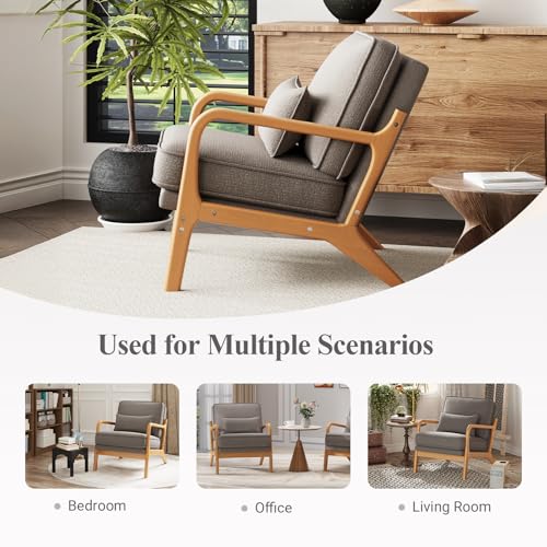 Mid-Century Accent Chair Set of 2 with Solid Wood Frame, Reading Relaxing Armchair Lumbar Pillow& Soft Cushion, Leisure Chair for Living Room, Bedroom, Waiting Room-Grey