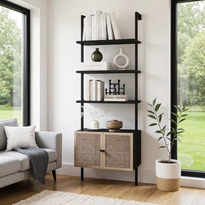 Rattan Bookcase, 6 Tier Ladder Bookshelf with Rattan Cabinet, Wall Mount Tall Bookshelves and Bookcases with Metal Storage Shelves Display for Living Room Bedroom Home Office, Black