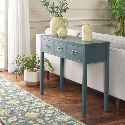 SAFAVIEH Home Collection – Cindy Teal Console Table with Three Drawers, French Farmhouse Storage Console, Tapered Leg Design (AMH6568H)
