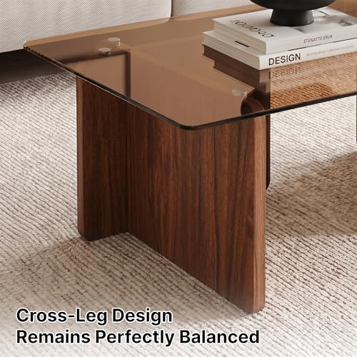 Modern Glass Coffee Table, 39.4 Inches Rectangular Center Tables for Living Room, Coffee Table with Wood Cross Base Easy Assembly Walnut