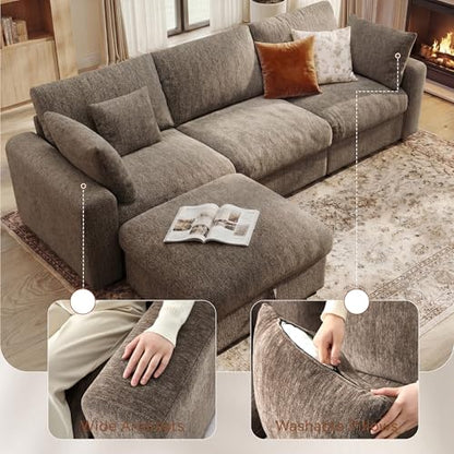 Cloud Sectional Couches for Living Room, 110" Large Modular Sectional Sofa with Wide Deep Seat, L Shaped Couch with Throw Pillow and Storage Ottoman, Brown