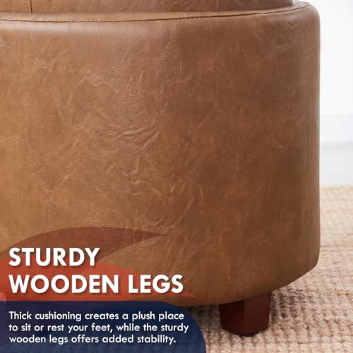 17" Round Storage Ottoman with Tray Top, Faux Leather, Mocha | Reversible Tray Lid Flips to Soft Leather Top; Ideal Foot Rest & Extra Seating for Living Room, Bedroom or Office