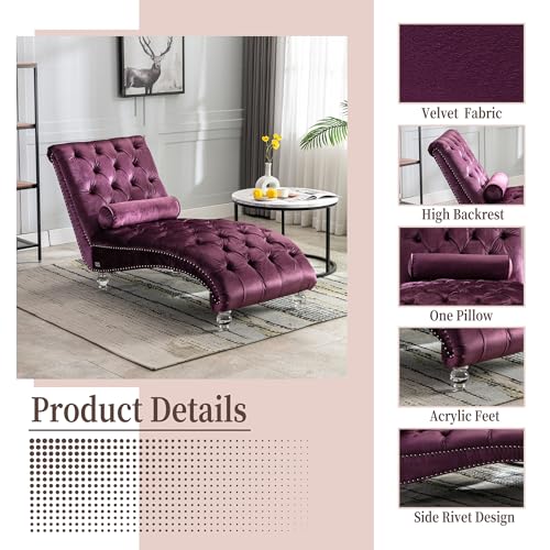 64" Velvet Chaise Lounge Chair Indoor with Ergonomic S-Shaped Backrest & 1, view 4