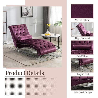 64" Velvet Chaise Lounge Chair Indoor with Ergonomic S-Shaped Backrest & 1, view 4