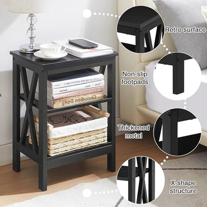End Side Table Night Stand Set Of 2,X-Design with Storage Shelf for Bedroom,Living Room,Black