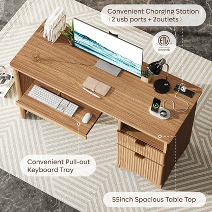 55 Inch Computer Desk with Drawers, Power Outlet, Brown Oak, view 4