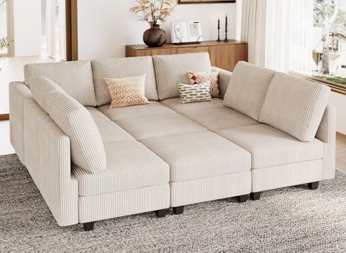 Corduroy Modular Sectional Sofa 9 Seat Convertible Sectional Sleeper Sofa Bed with Storage Ottomans Modular Sectional Couch Bed for Living Room Beige