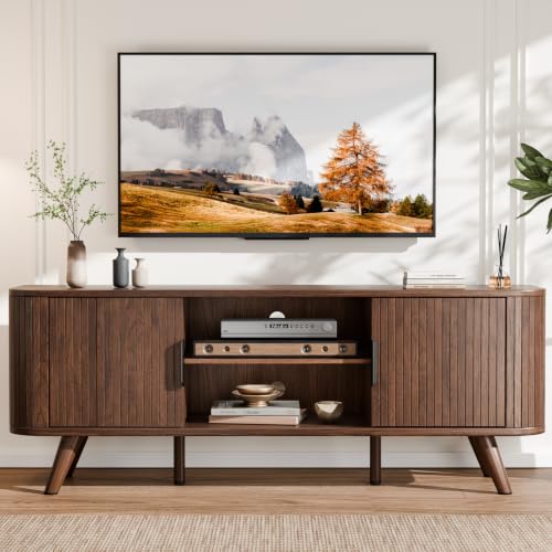 55'' TV Stand for 60 Inch TV, Fluted Entertainment Center,Walnut, view 2