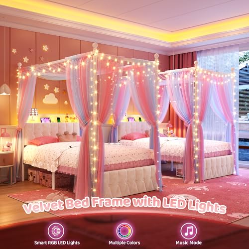 Twin Canopy Bed Frame with Drawers, LED and Charging Station,White, view 4