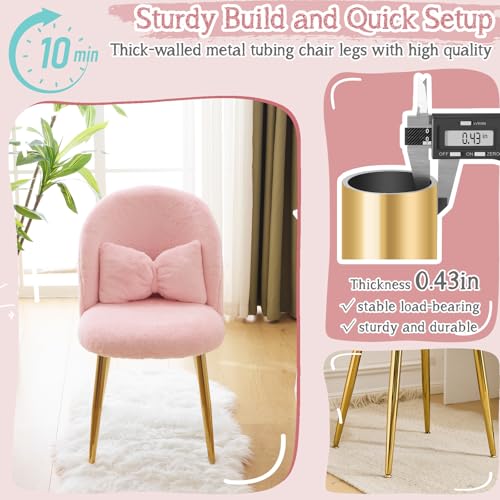 Fluffy Girls Vanity Chair with Back & Pillow,Cute Small Cozy Desk Chair No Wheels,Comfy Makeup Ch with Ajustable Gold Legs,for Bedroom,Living Room,Small Space,Pink