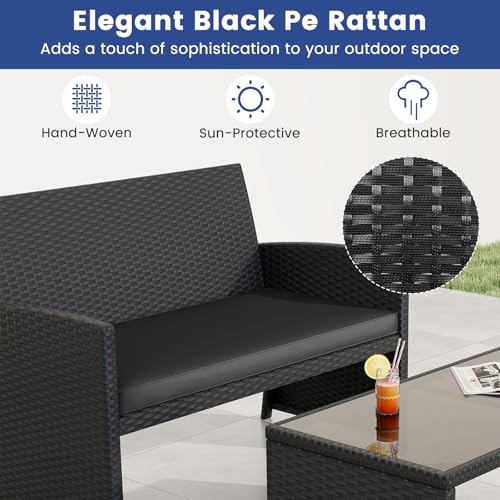 4 Pieces Patio Wicker Furniture Set, Outdoor Heavy Duty Rattan Cushioned Chairs, Loveseat and Tempered Glass Coffee Table, for Backyard, Balcony, Poolside (1, Black)