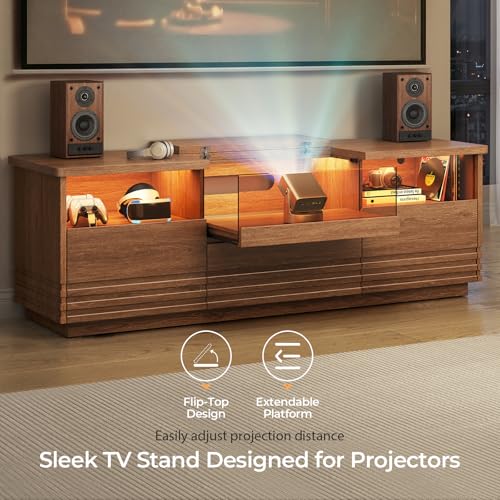 Fluted TV Stand with LED, Mid-Century Modern TV Cabinet, Brown, view 5