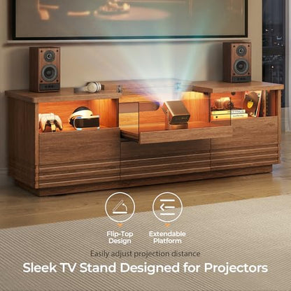 Fluted TV Stand with LED, Mid-Century Modern TV Cabinet, Brown, view 5