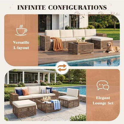 Patio Furniture Set,6 Pieces Outdoor Sectional Sofa with Cup Holder and 7.87in Wider Armrest, PE Wicker Backyard Couch Set with Coffee Table&Glass Tabletop for Deck, Porch（6 pcs）