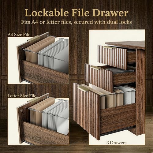 70 Inches L Shaped Executive Standing Desk, Electric Height Adjustable Desk with File Cabinet, Computer Corner Table with AC/USB and Privacy Panel for Home and Office, Black Walnut