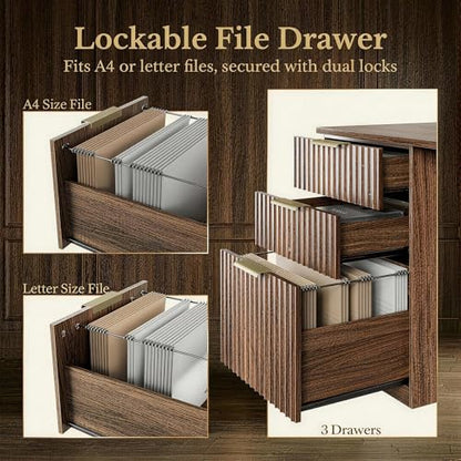 70 Inches L Shaped Executive Standing Desk, Electric Height Adjustable Desk with File Cabinet, Computer Corner Table with AC/USB and Privacy Panel for Home and Office, Black Walnut