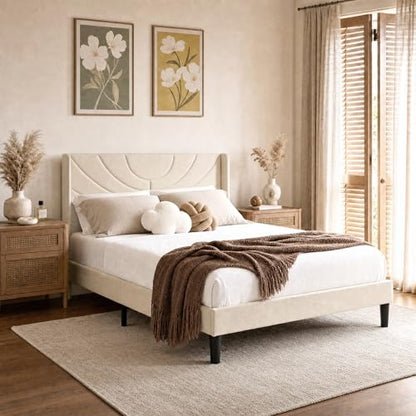 Upholstered Platform Queen Size Bed Frame with Fabric Headboard, view 8