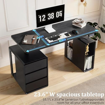 Farmhouse Electric Standing Desk, 55" Height Adjustable Computer Stand up Desk with 3 Drawers and Storage Shelf, Mid Century Modern Home Office Desk Wood Sit Stand Desks for Work, Study, Black