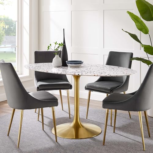 Lippa 60Inch Oval Dining Table Elegant Terrazzo Gold White Finish Modern Kitchen Room Entertaining Home Furniture Quality Stylish Durable Refined Versatile Contemporary