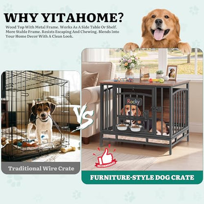 31.5" Foldable Dog Crate Furniture with 360° Swivel Feeding Bowls, view 4