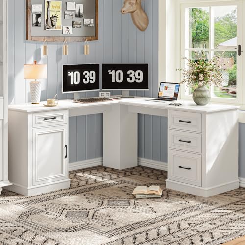 Farmhouse 59" L-Shaped Executive Desk with Drawers, Cream White, view 7