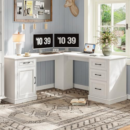 Farmhouse 59" L-Shaped Executive Desk with Drawers, Cream White, view 7