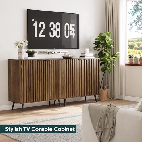 Walnut Buffet Cabinet with Storage, Sideboard Cabinet with Fluted Doors and Metal Legs, Storage Cabinet with Adjustable Shelf, Accent Table for Living Room, Dining Room, Kitchen, Entryway