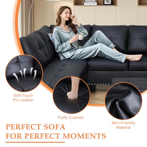 Sectional Sofa Couch, Modern 4-Seaters Living Room Furniture Sets with Chaise Lounge, Ottoman & 2 Pillows | L Shape Couch | Cup Holder | Faux PU Leather, Black