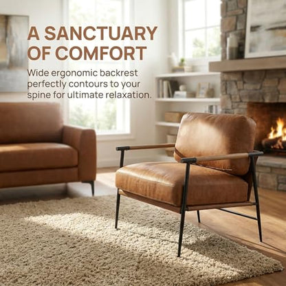 Mid-Century Modern Accent Chair Set of 2 Armchair Brown PU Leather Sofa Lounge Bedroom Chair with Metal Leg for Living Room Reading Office