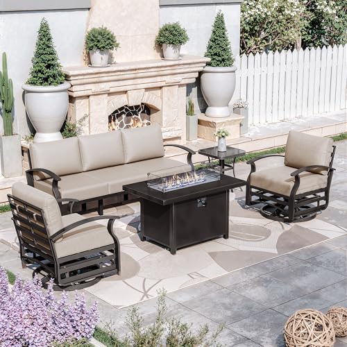 Aluminum Patio Furniture Set 5-Seat Modern Metal Outdoor Conversation Sets w/45in Propane Fire Pit Table, Swivel Rocking Chairs Patio Sectional Sofa w/5.1 Inch Cushion, Sand