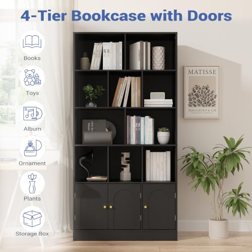 71" Tall Bookshelf with 10 Cubes and 3 Doors, 4-Tier Bookshelf, Open Shelf Bookcase with Cabinet, Modern Cube Storage Organizer for Living Room, and Office, Black