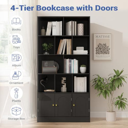 71" Tall Bookshelf with 10 Cubes and 3 Doors, 4-Tier Bookshelf, Open Shelf Bookcase with Cabinet, Modern Cube Storage Organizer for Living Room, and Office, Black