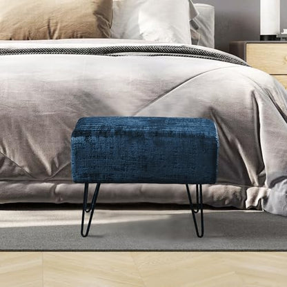 Majolica Blue Fuzzy Velvet Ottoman, 19" Rectangular Foot Rest Stool for Living Room, Small Space Entryway Bench Shoes for Bedroom End of Bed, Decorative Makeup Stool for Adults