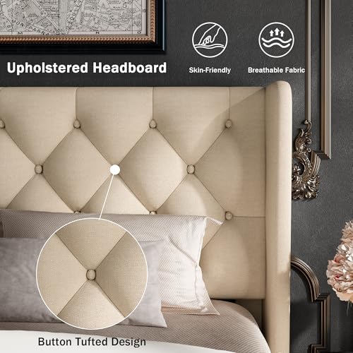 Queen Size Bed Frame with Button Tufted Upholstered Headboard, view 5