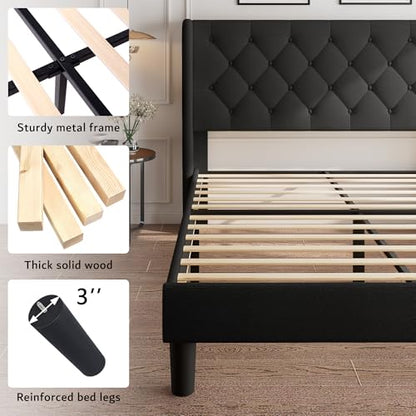 Queen Size Platform Bed Frame with Button Tufted Headboard, view 6
