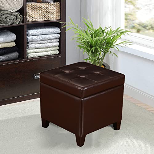 Leather Square Ottoman with Storage and Brown Legs, view 7