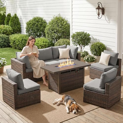 7-Pieces Patio Furniture Sets Outdoor Sectional Sofa with 44'' Propane Rattan Wicker Firepit Table, Patio Sectional Conversation Set with Cushions for Backyard, Poolside, Garden Grey