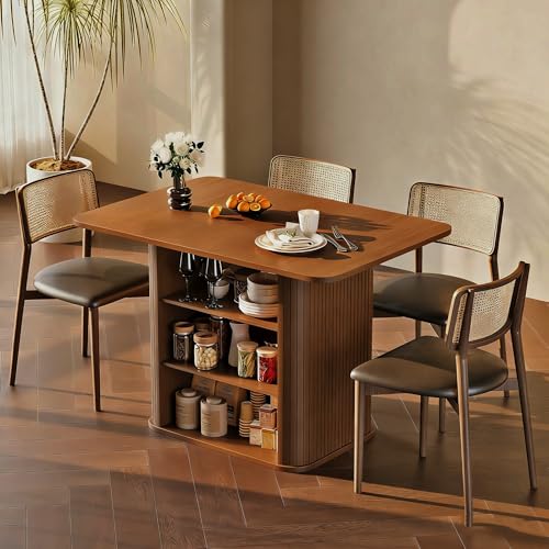 Dining Table for 4, Small Rectangular Kitchen Table for 2 with 3-Tier Storage Shelf, Farmhouse Modern Fluted Wood Table (Walnut)